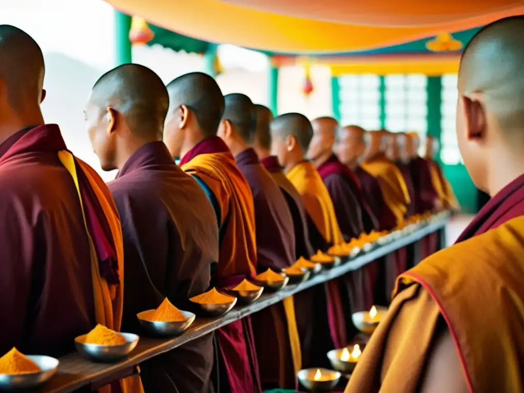 Un grupo de monjes tibetanos en una ceremonia de oración, con túnicas color azafrán y banderas de oración