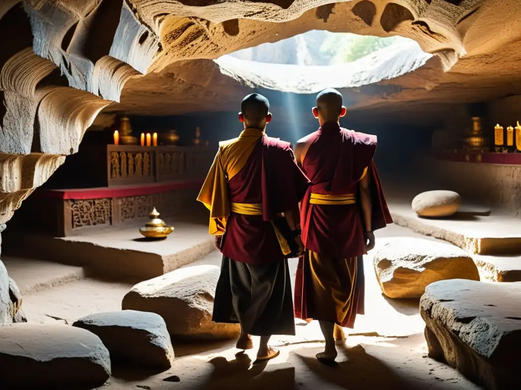 Un grupo de monjes tibetanos explora las cuevas sagradas, iluminadas por tenues luces naturales, en un antiguo monasterio