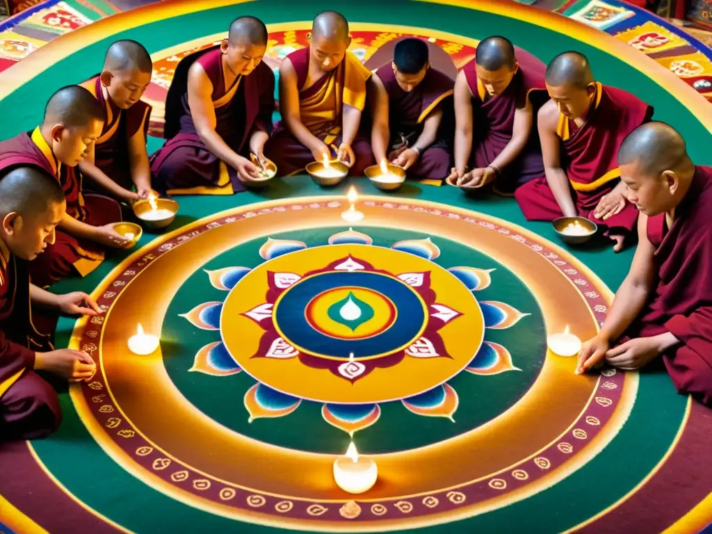 Un grupo de monjes tibetanos crea un mandala de arena con delicadeza y devoción, rodeados de lámparas y el aroma del incienso