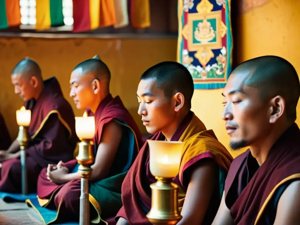 'Grupo de monjes tibetanos en meditación profunda bajo la luz suave de lámparas de mantequilla, con banderas de oración ondeando afuera