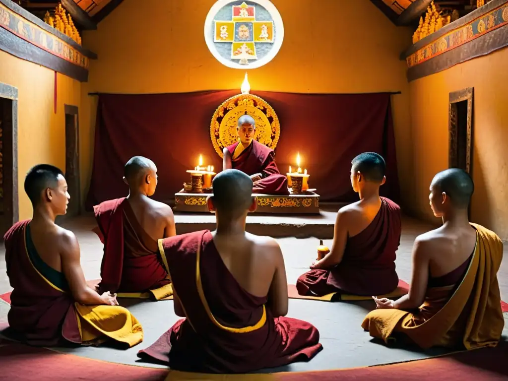 Grupo de monjes tibetanos en meditación profunda rodeados de ornamentos en un monasterio