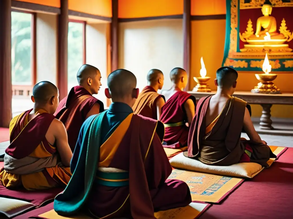 Un grupo de monjes tibetanos medita en un monasterio tradicional, iluminados por lámparas de mantequilla