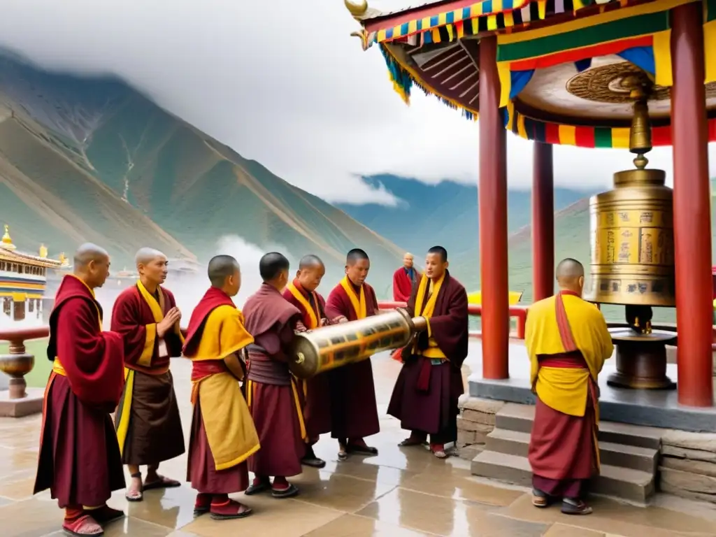 Un grupo de monjes tibetanos en un monasterio con rueda de oración, rezando y concentrados, mientras las montañas del Himalaya se alzan en el fondo