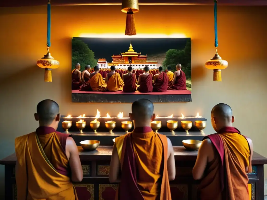 Grupo de monjes tibetanos con poder espiritual lamaísta, inmersos en ritual sagrado entre lámparas en monasterio tenue del histórico Tíbet