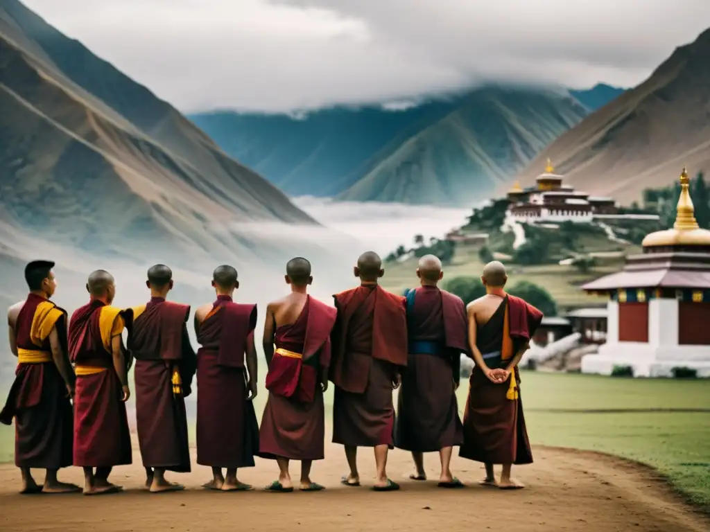 Grupo de monjes tibetanos en ritual budista, con atuendos rojos vibrantes, en un paisaje montañoso neblinoso