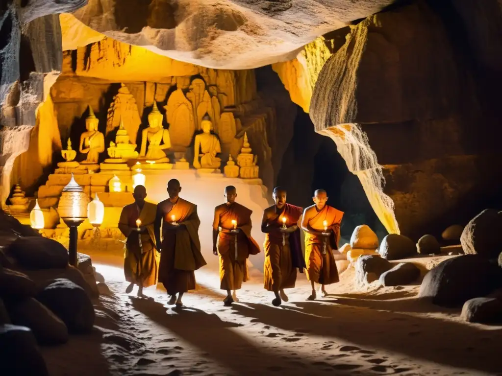 Un grupo de monjes en túnicas azafrán camina en fila por una cueva sagrada en Asia, iluminada por lámparas de aceite