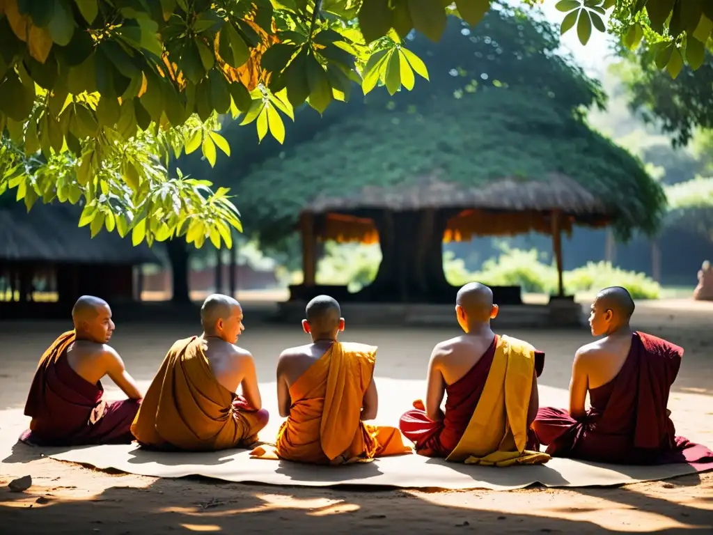 Un grupo de monjes vestidos con túnicas color azafrán se reúnen en círculo bajo un árbol Bodhi, inmersos en una profunda contemplación