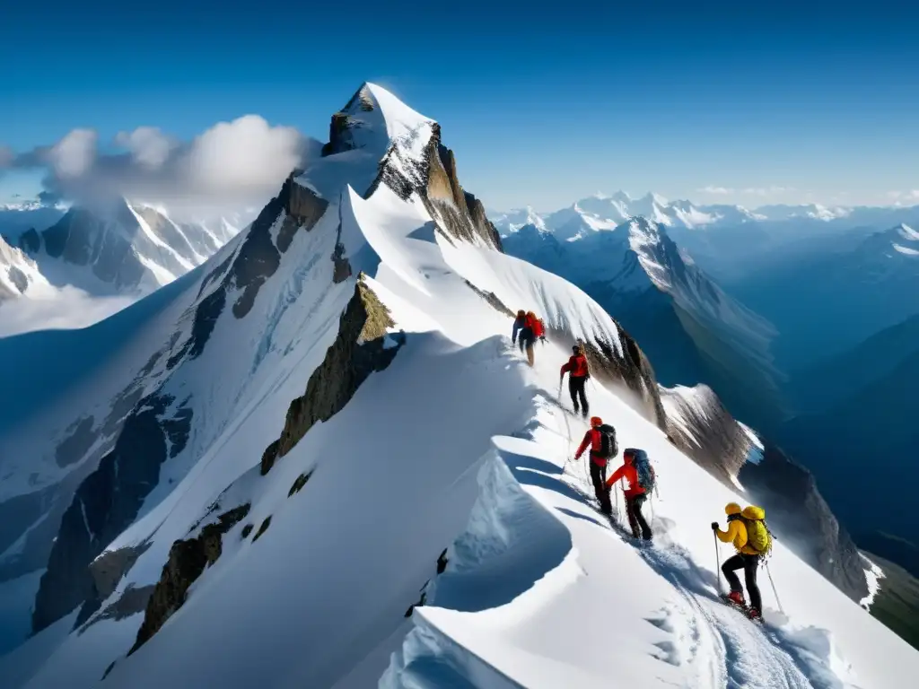 Un grupo de montañistas aventureros asciende una cumbre nevada en las místicas montañas orientales