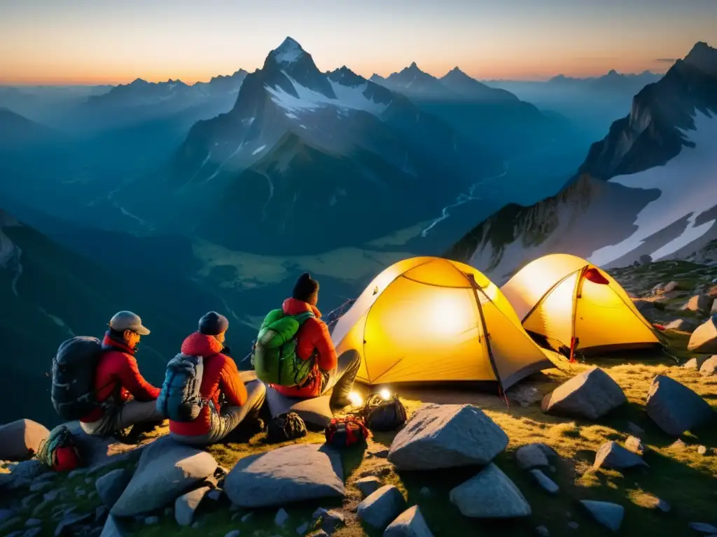 Grupo de montañistas preparándose para ascender a montañas místicas orientales al amanecer