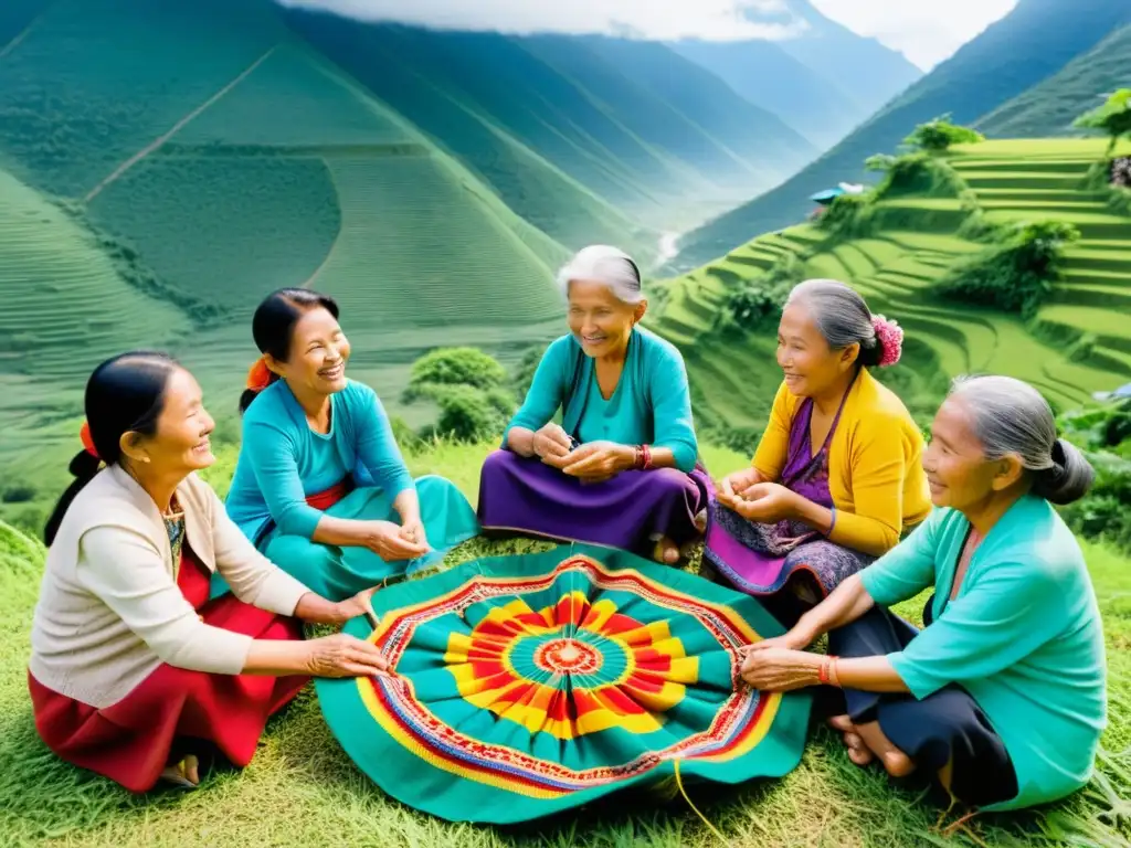 Grupo de mujeres ancianas tejiendo textiles multicolores en un pueblo remoto de Asia, rodeadas de naturaleza exuberante y montañas imponentes