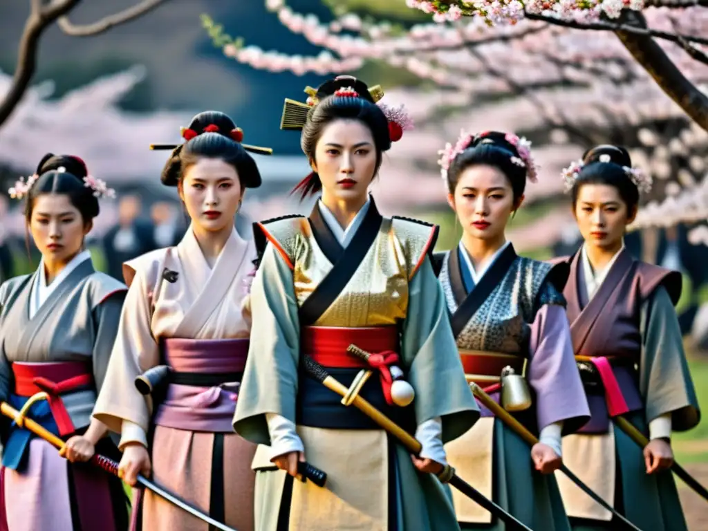 Un grupo de Onnabugeisha, mujeres samuráis, con armaduras y naginatas, listas para defender su legado en un campo de batalla con cerezos en flor