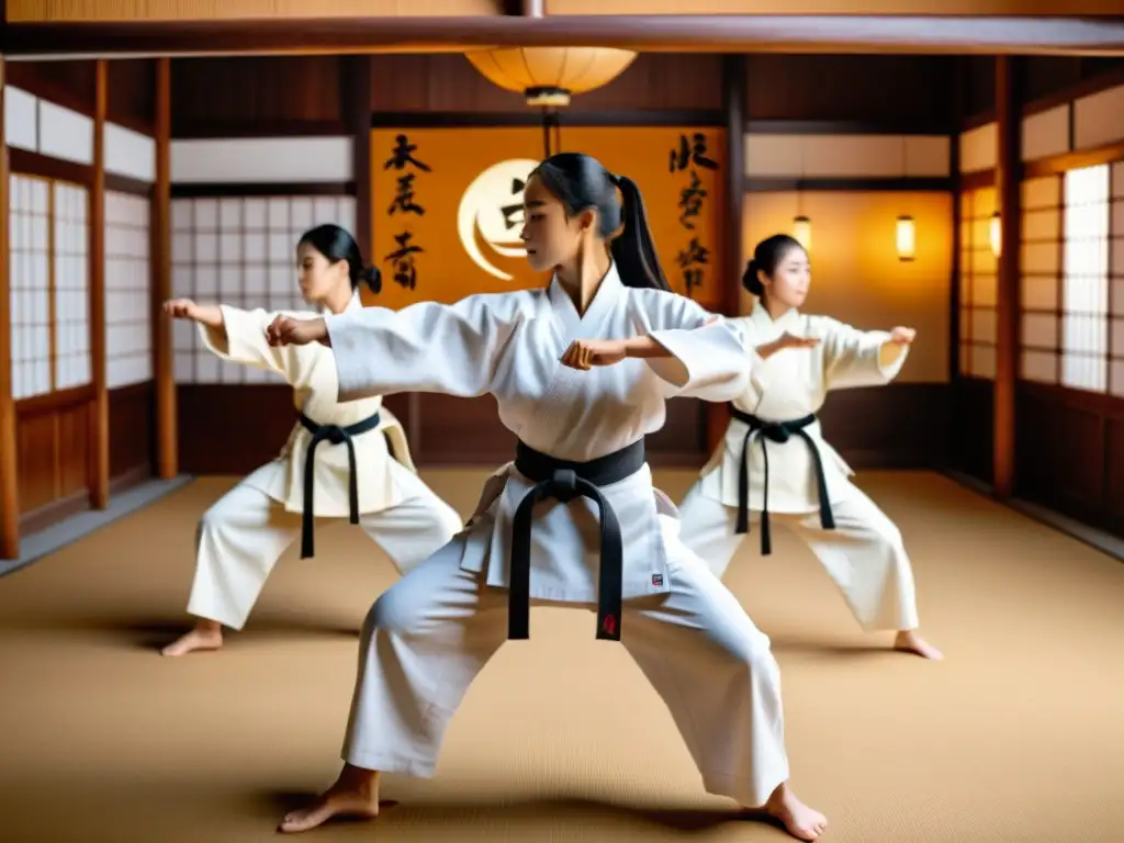 Mujeres empoderadas en dojo asiático Un grupo de mujeres practican artes marciales en un dojo asiático, exhibiendo fuerza, agilidad y determinación