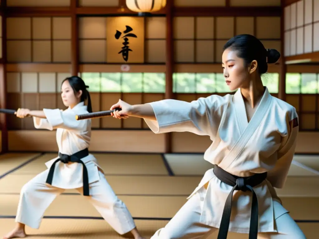 Mujeres empoderadas practicando artes marciales japonesas Un grupo de mujeres practica artes marciales asiáticas en un dojo iluminado por la luz natural, transmitiendo empoderamiento y disciplina