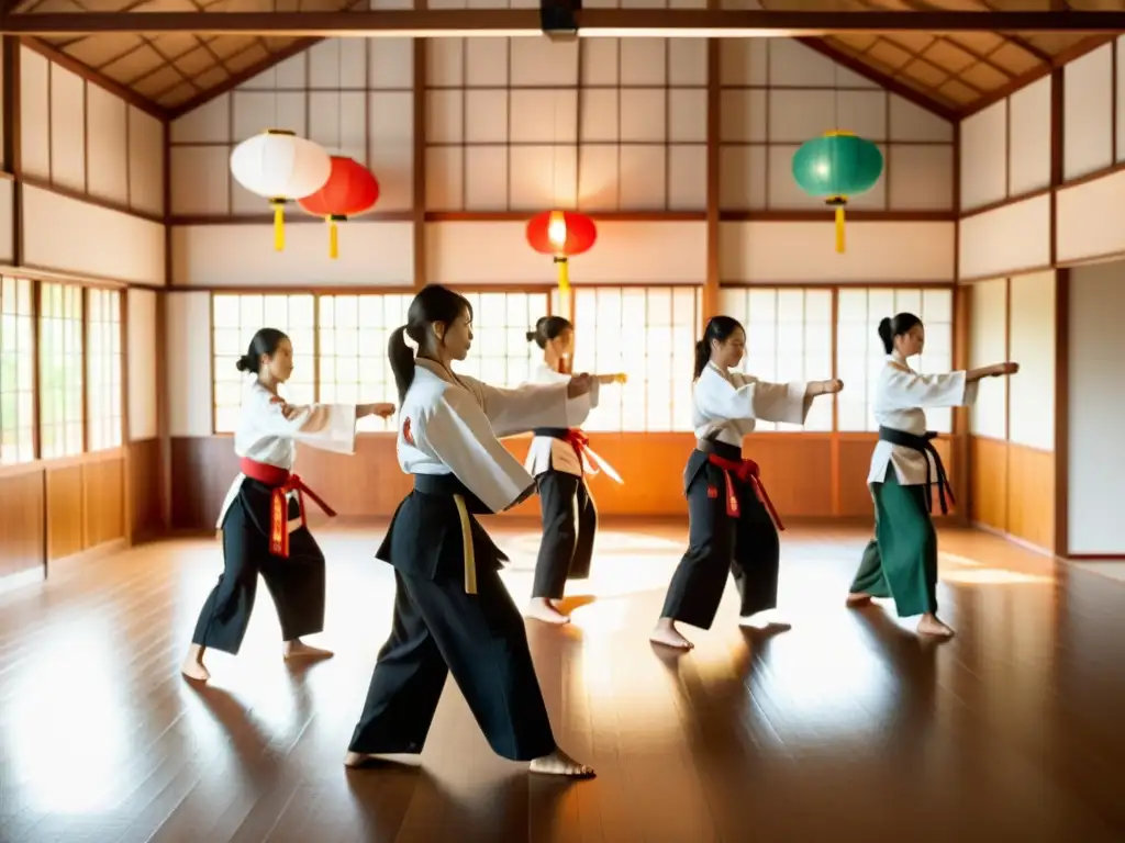 Empoderamiento femenino a través de artes marciales Grupo de mujeres practicando artes marciales asiáticas en un dojo, mostrando empoderamiento y determinación en cada movimiento