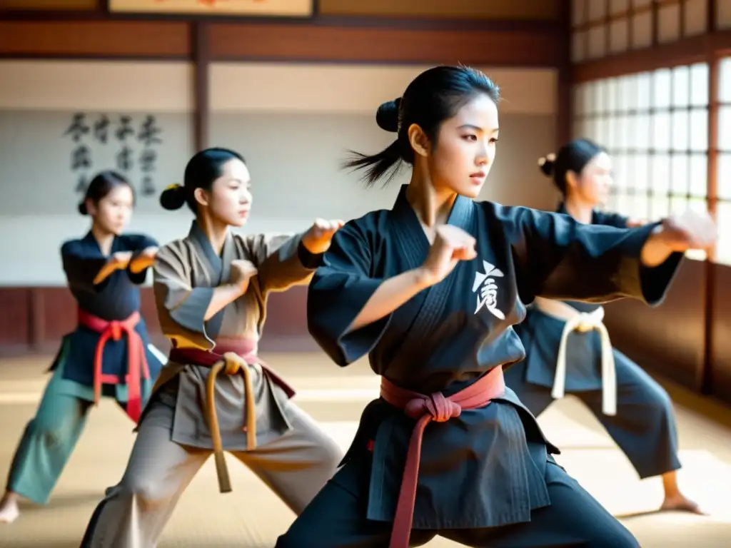 Mujeres poderosas: entrenamiento de artes marciales en un dojo asiático Un grupo de mujeres practicando artes marciales en un dojo asiático tradicional, reflejando empoderamiento y fuerza