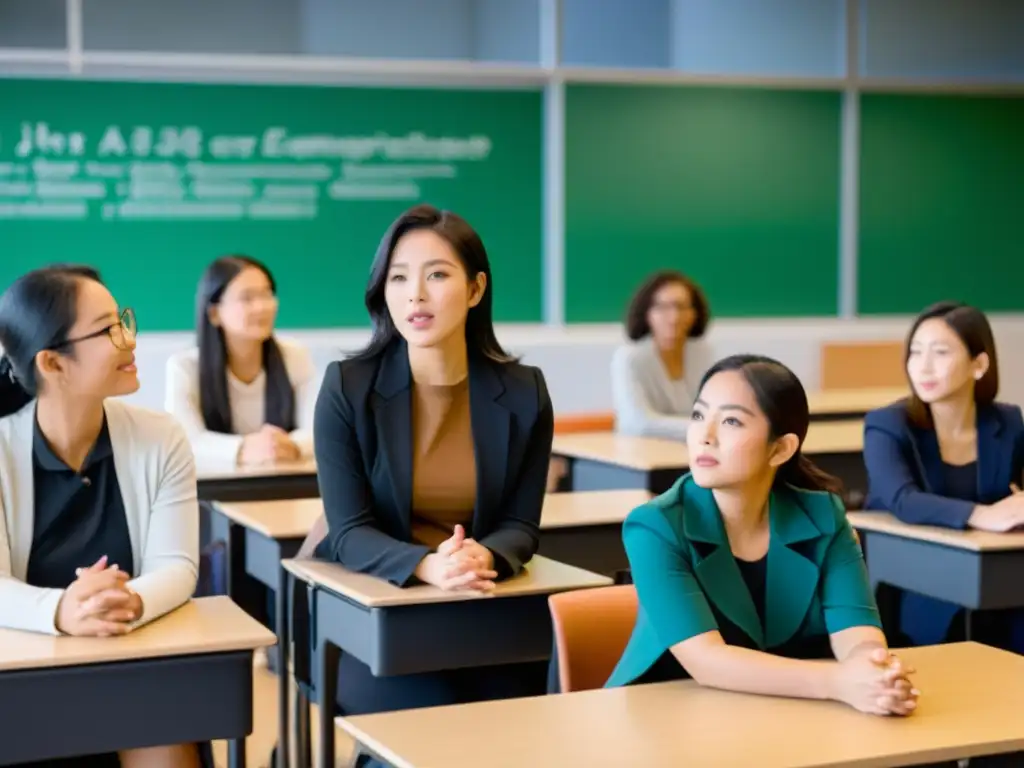 Grupo de mujeres asiáticas participando en una animada discusión en un aula moderna