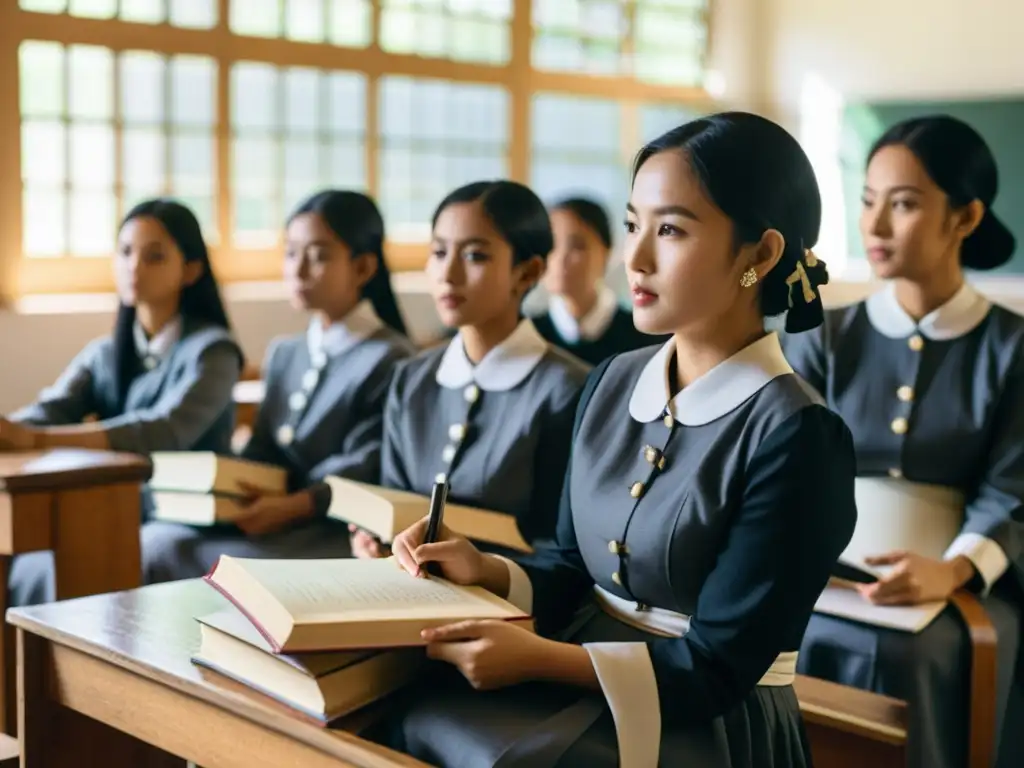 Grupo de mujeres asiáticas estudian en aula iluminada por luz natural