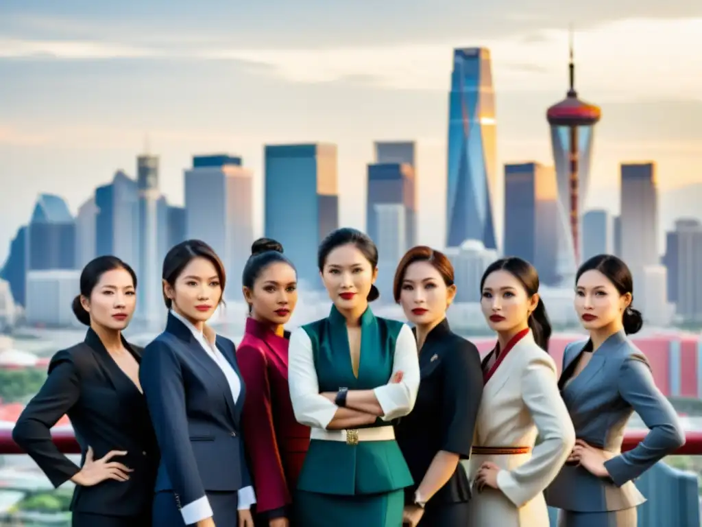 Grupo de mujeres asiáticas diversas, vestidas con atuendos modernos y tradicionales, paradas con determinación frente al horizonte de la ciudad