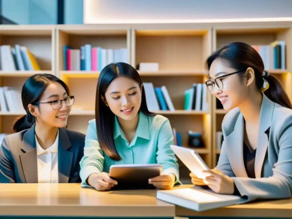 Grupo de mujeres asiáticas estudian juntas en aula moderna, desafiando estereotipos