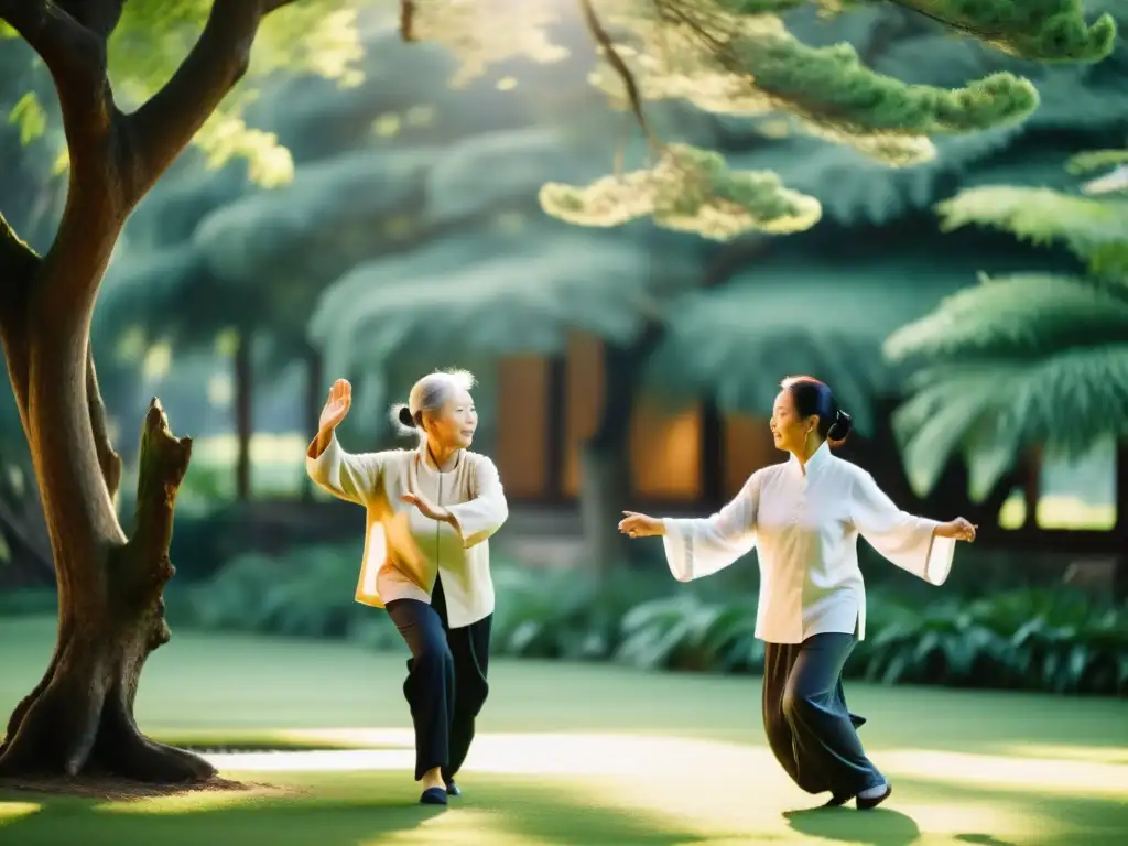 Grupo de mujeres asiáticas mayores practicando Tai Chi en un jardín sereno, irradiando tranquilidad y sabiduría