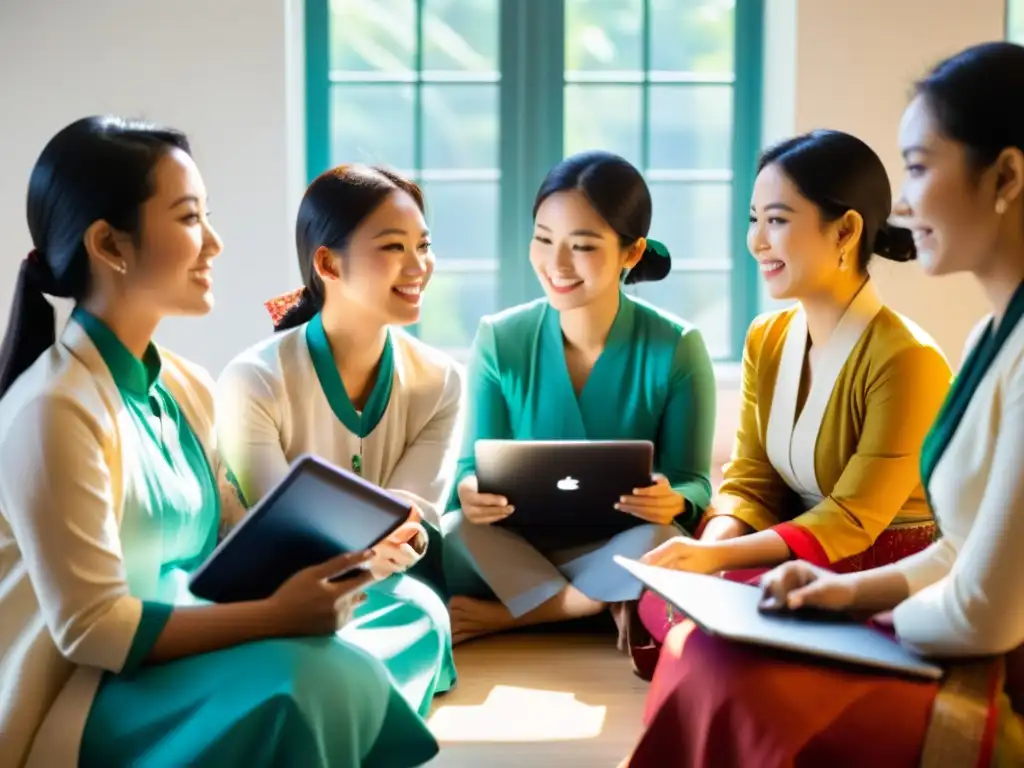 Grupo de mujeres asiáticas usando tecnología y colaborando en un proyecto, mostrando la integración de la educación y la experiencia mujer educación superior asiática en un ambiente armonioso