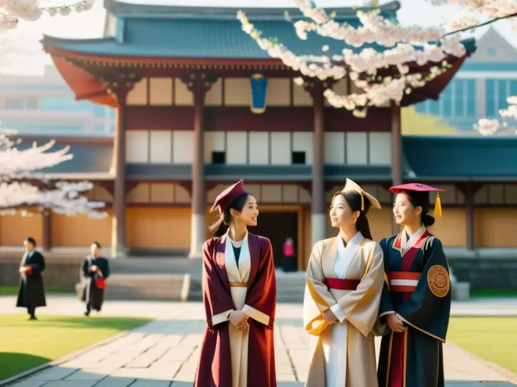 Un grupo de mujeres asiáticas en trajes tradicionales académicos, discutiendo frente a un edificio universitario con elementos arquitectónicos modernos y tradicionales