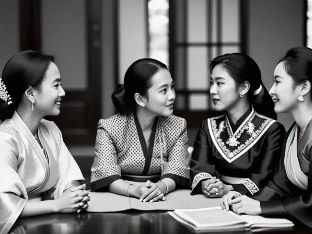 Un grupo de mujeres en atuendos tradicionales asiáticos, reunidas en una mesa en una conversación profunda, mostrando determinación y empoderamiento