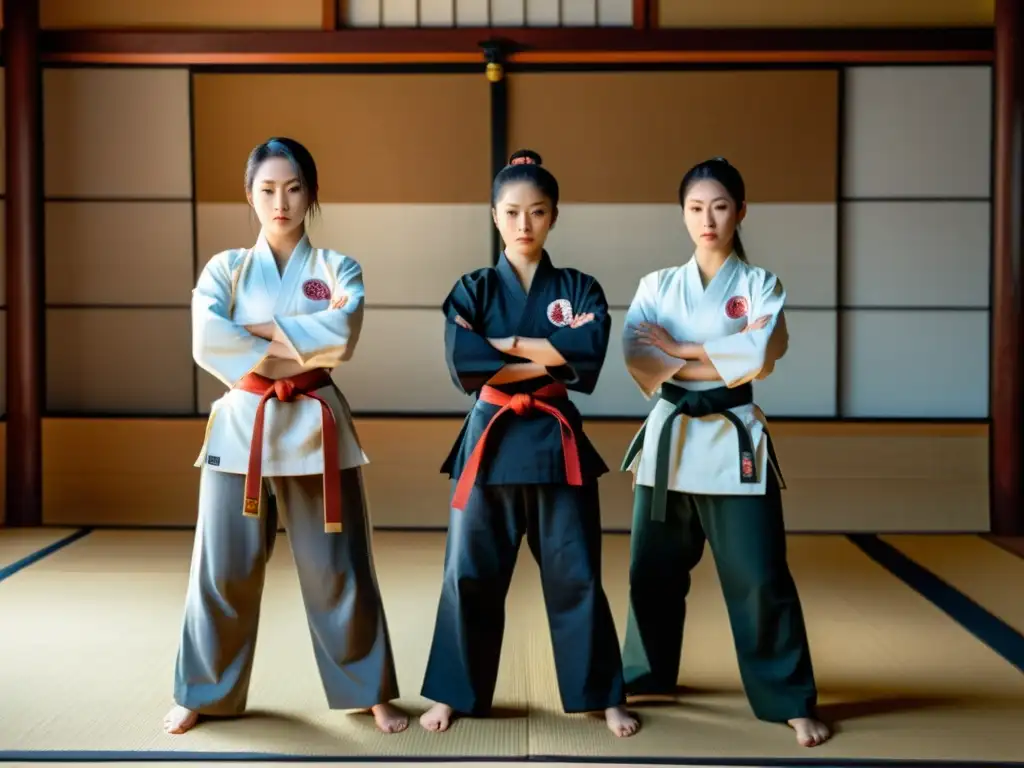 Un grupo de mujeres en atuendos tradicionales de artes marciales posan con determinación en un dojo japonés, transmitiendo fuerza y empoderamiento