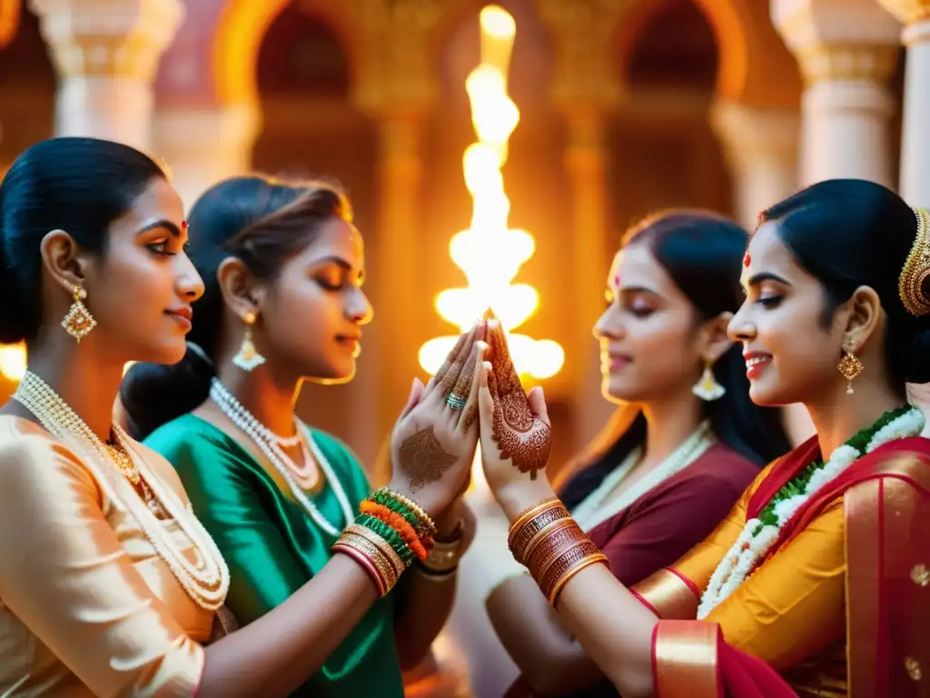 Un grupo de mujeres participa en una ceremonia religiosa en un templo hindú, vistiendo ropas tradicionales, con diseños de henna y joyas elaboradas