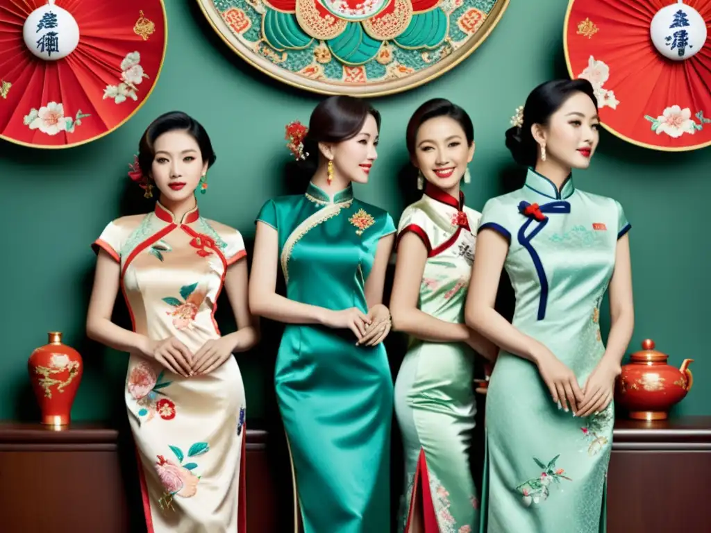 Un grupo de mujeres vistiendo Cheongsam con patrones y bordados vibrantes, rodeadas de elementos que representan la cultura china