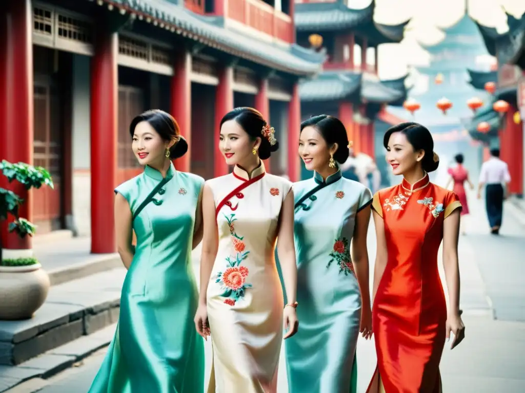 Grupo de mujeres con cheongsam en Shanghai antiguo, simbolizando el renacimiento del Cheongsam como icono de identidad y resistencia cultural