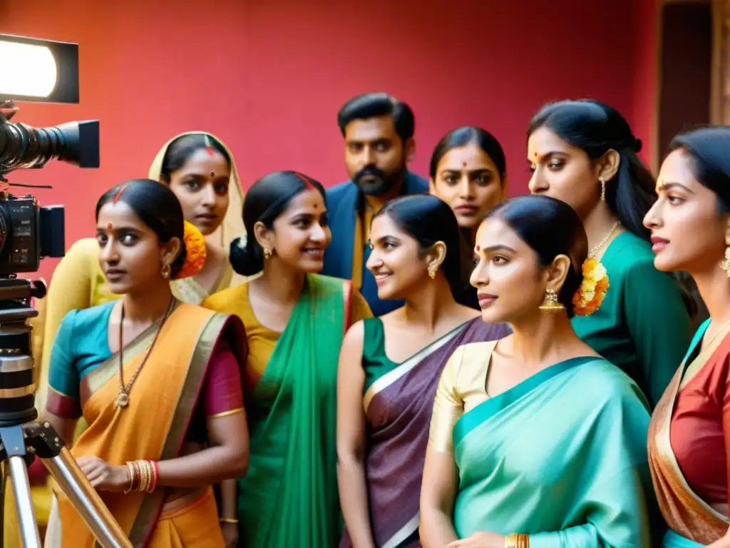 Un grupo de mujeres cineastas y actrices indias discuten la representación femenina en el cine indio en un set colorido y vibrante