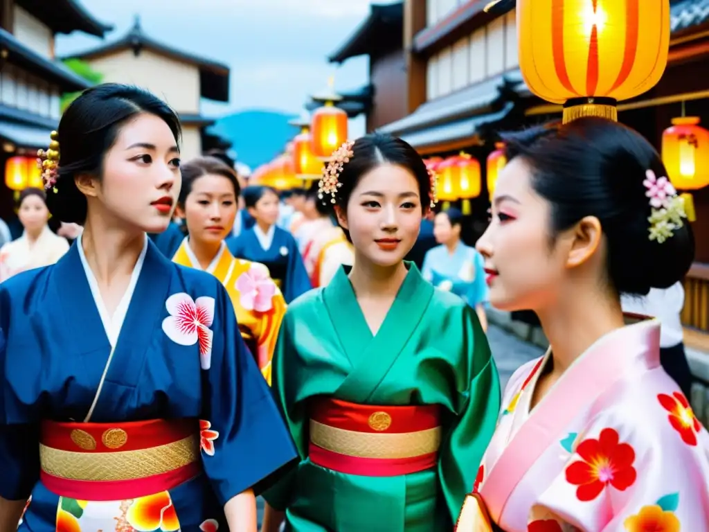 Grupo de mujeres en yukatas coloridos llevando un santuario portátil en el Festival Gion Matsuri de Kioto, reflejando espiritualidad y determinación