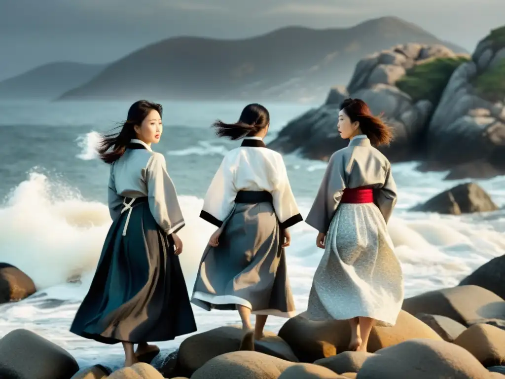 Grupo de mujeres coreanas en la costa rocosa, mirando al mar con determinación y tristeza, sus hanboks ondeando al viento