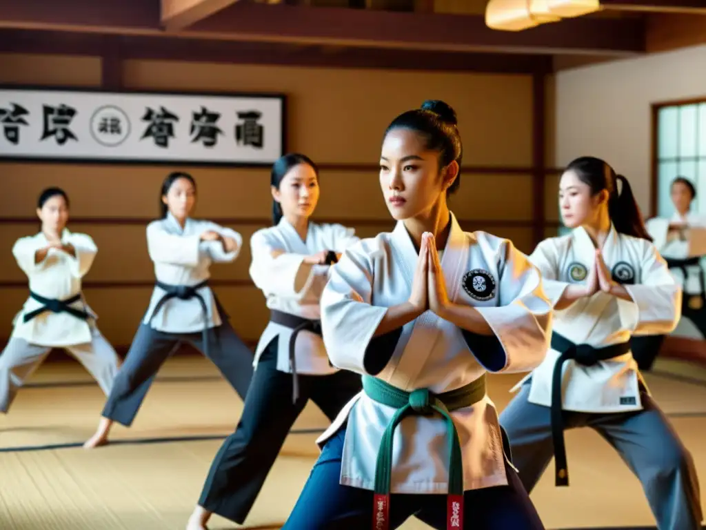 Empoderamiento femenino en el dojo: artes marciales con determinación Grupo de mujeres diversas practicando artes marciales en un dojo tradicional, expresando empoderamiento y determinación en sus movimientos precisos y poderosos