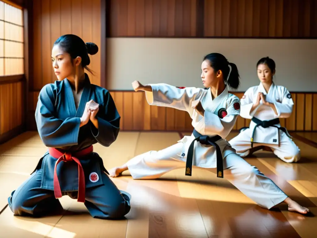 Empoderamiento femenino a través de las artes marciales Un grupo de mujeres diversas practicando artes marciales en un dojo tradicional, demostrando empoderamiento y determinación en sus movimientos