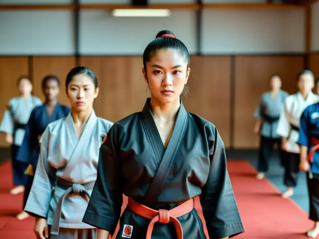 Un grupo de mujeres diversas en un dojo practicando artes marciales, desafiando normas de género con determinación