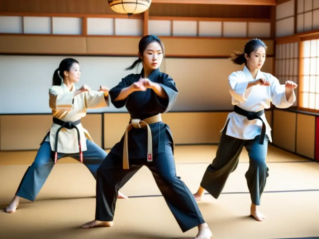 Un grupo de mujeres de diversas edades y orígenes practican artes marciales en un dojo tradicional, mostrando determinación