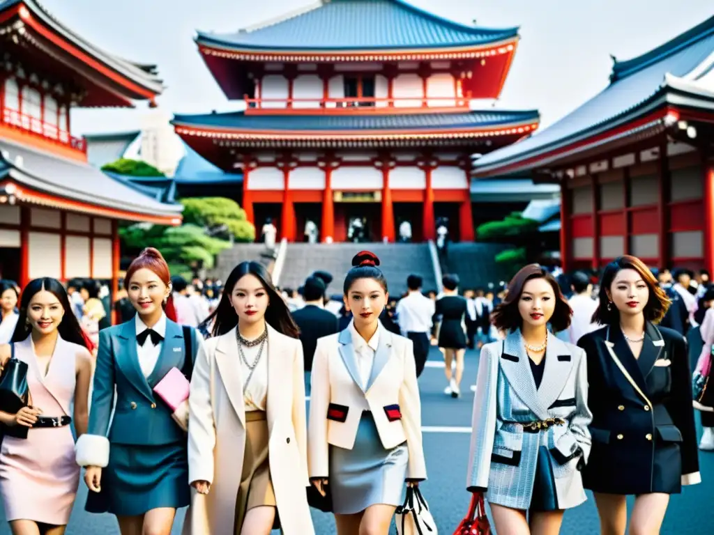 Grupo de mujeres elegantes exhibiendo el diseño de moda de lujo asiático en las concurridas calles de Harajuku, Tokio, con un templo japonés de fondo