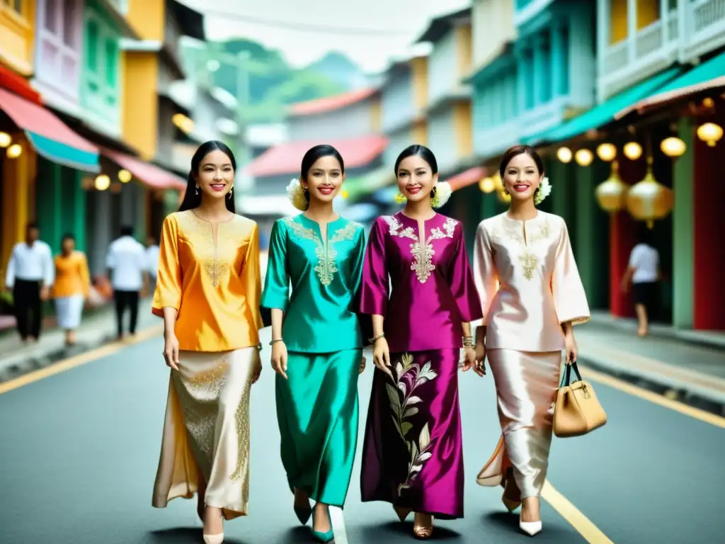 Un grupo de mujeres elegantes vistiendo el tradicional traje Baju Kurung camina con gracia por las animadas calles de Kuala Lumpur, mostrando la elegancia y la moda malaya