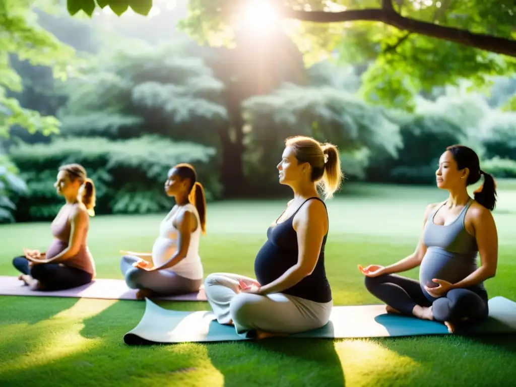 Un grupo de mujeres embarazadas participa en una clase de yoga prenatal al aire libre, rodeadas de exuberante vegetación