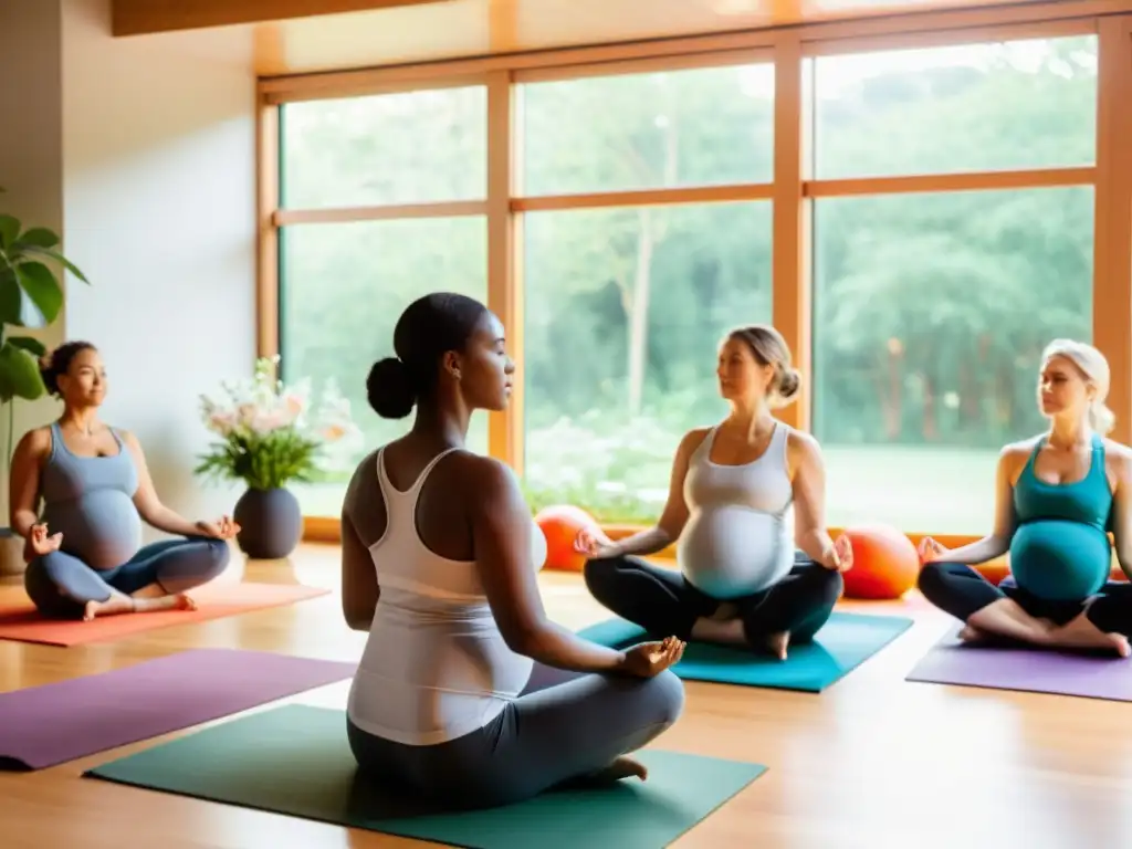 Grupo de mujeres embarazadas practicando yoga prenatal rodeadas de naturaleza, creando un ambiente tranquilo y seguro