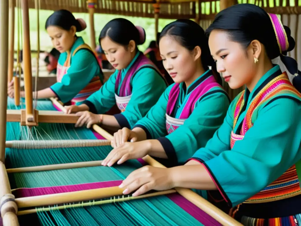 Un grupo de mujeres Hmong teje con habilidad en telares tradicionales, capturando la rica herencia cultural de la vestimenta Hmong