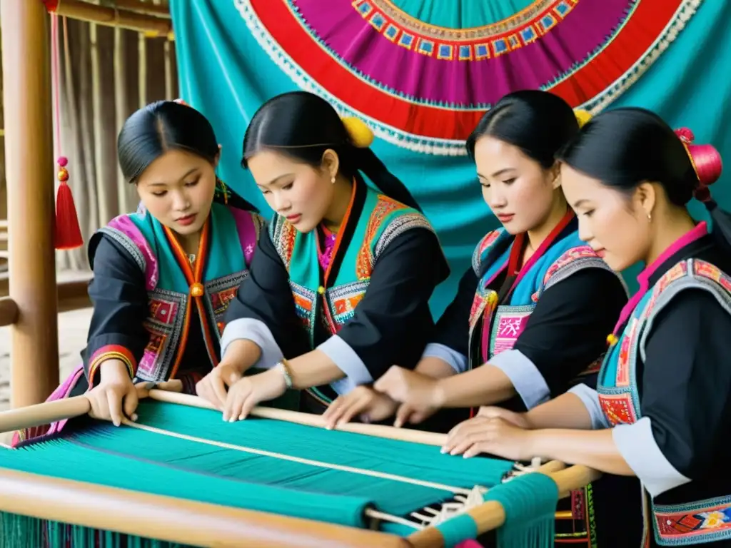 Un grupo de mujeres Hmong tejiendo juntas en un telar, vistiendo colorida y significativa vestimenta tradicional Hmong