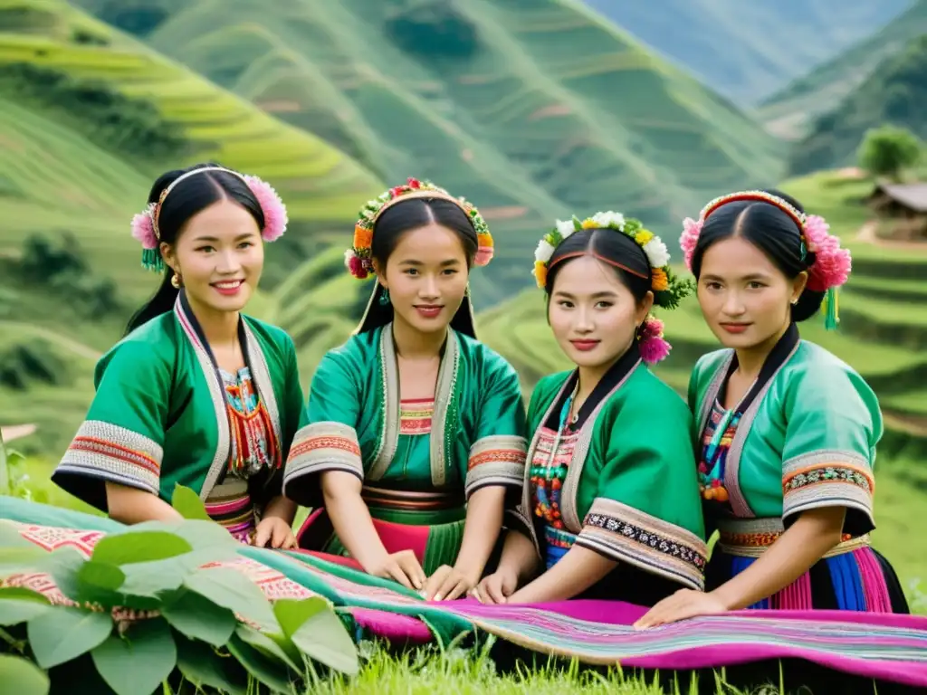 Un grupo de mujeres Hmong tejiendo en un paisaje montañoso, mostrando la evolución de la vestimenta tradicional Hmong y su significado cultural