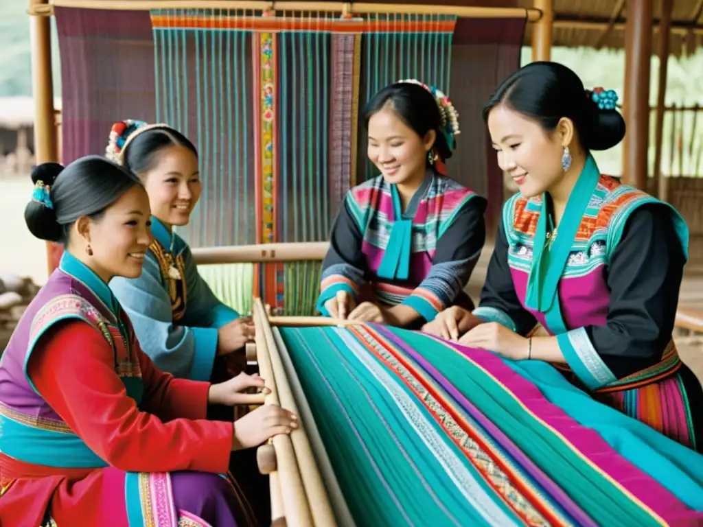 Grupo de mujeres Hmong tejiendo en telar, exhibiendo su rica vestimenta tradicional y su significado cultural arraigado