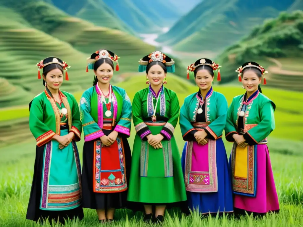 Un grupo de mujeres Hmong viste trajes tradicionales coloridos, bordados con significados culturales, cosiendo en un campo verde rodeado de montañas