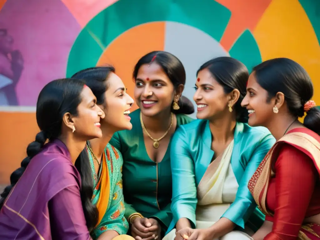 Grupo de mujeres indias en animada conversación, unidas por la resonancia social de Monólogos de la vagina