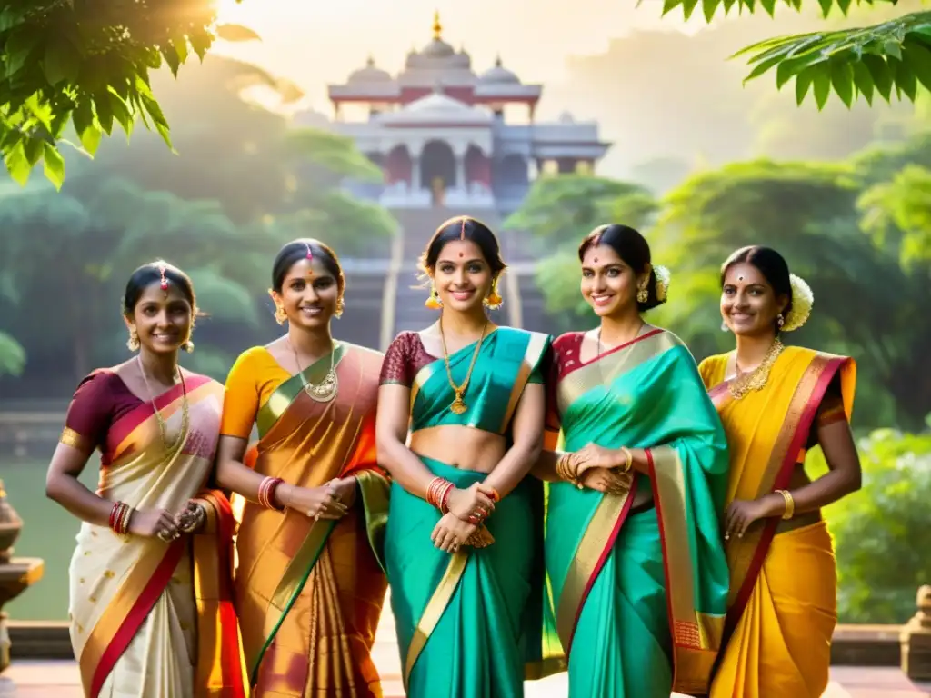 Saris de empoderamiento: Mujeres indias radiantes en la naturaleza Un grupo de mujeres indias viste coloridos saris mientras irradian influencia cultural del sari indio en un entorno natural y majestuoso