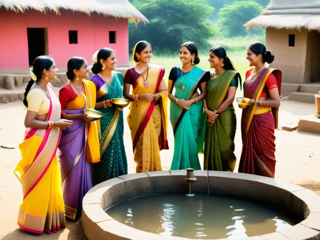 Conversaciones animadas: Mujeres indias en saris vibrantes junto al pozo Un grupo de mujeres indias viste saris coloridos en una aldea rural